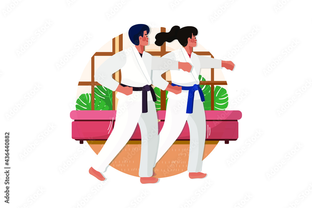 Couple practicing material arts at home gym Couple practicing material arts at home gym