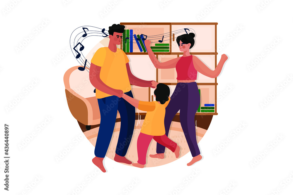 Happy family dancing together at home
