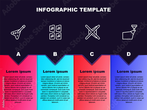 Set line Electric bass guitar, Music file document, Speaker mute and Movie spotlight. Business infographic template. Vector
