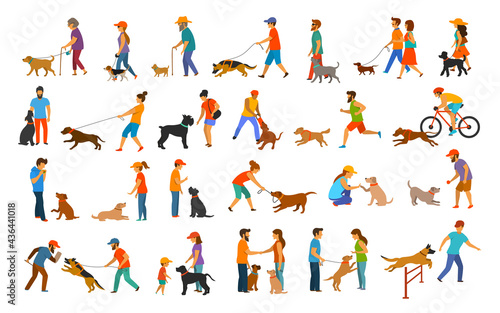 people with dogs graphic.man woman training their pets basic obedience commands like sit lay give paw walk close, exercising run jump barrier, protection, running playing and walking, teaching 