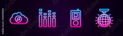 Set line Music streaming service, equalizer, player and Disco ball. Glowing neon icon. Vector