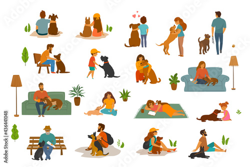 people man woman, adults and children with dogs scenes set, humans and their beloved pets at home, in the park, traveling together. Best friends cute cartoon graphics