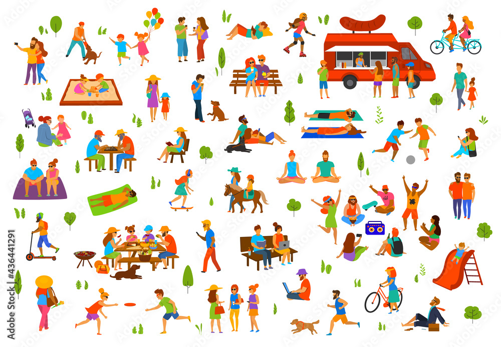 Fototapeta premium people in the park. man woman couples family children friends seniors walk relax work on laptops, exercise, on picnic, party, dance, lying sunbath ride bike, do yoga, eat at food truck hot dogs