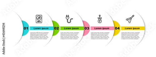 Set line MP3 file document, Electric plug, bass guitar and . Business infographic template. Vector