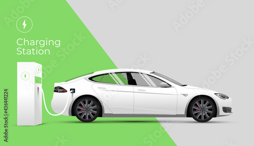 Electric car charging station web site  banner or landing page concept with side view electric car and charger on green and gray background. Vector illustration