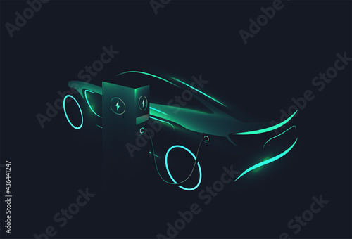 Electric concept car green glowing silhouette charging at charge station on dark background. Ev concept. Vector illustration