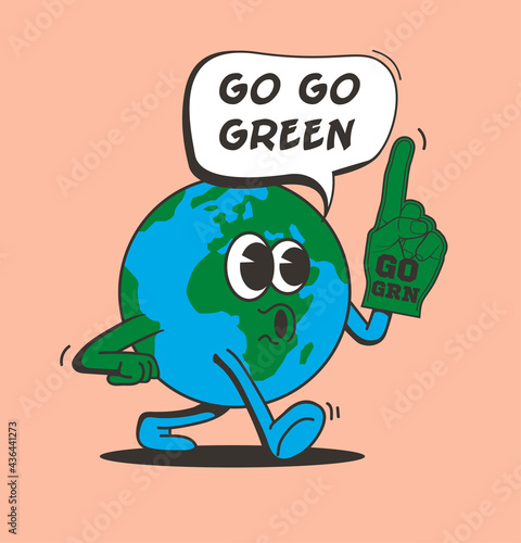 Go green concept with walking comic  vintage Earth planet character isolated on pink background. Eco activism or Earth Day concept for sticker or poster or flyer design. Vector illustration