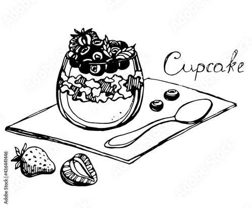 dessert with cream, strawberries and blueberries, with a spoon on a napkin, black vector drawn by pen