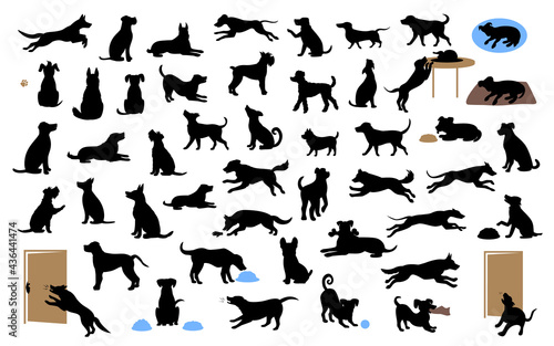 different dogs silhouettes set  pets walk  sit  play  eat  steal food  bark  protect run and jump  isolated vector illustration  over white background