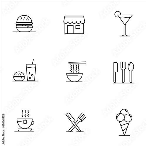 Food courts icons set. Outline set of food courts vector icons.