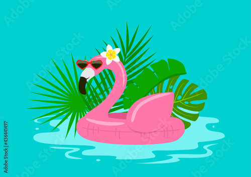 summertime pool beach holidays background with swimming flamingo float with sunglasses and tropical leaves