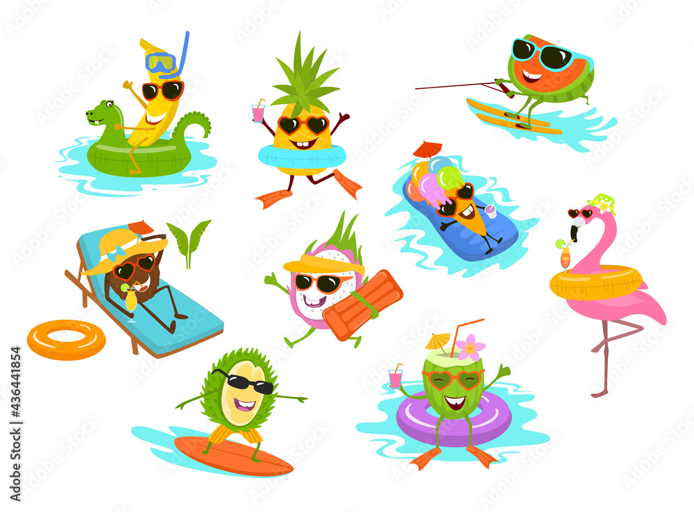 summer time funny tropical fruits , flamingo , ice cream cartoon characters chilling on the beach pool vacation set summer time funny tropical fruits , flamingo , ice cream cartoon characters chilling on the beach pool vacation set