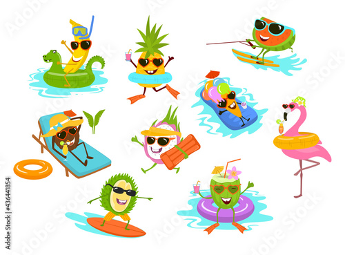 summer time funny tropical fruits , flamingo , ice cream cartoon characters chilling on the beach pool vacation  set