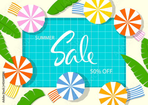 summer time beach vacation swimming pool background , top view from above