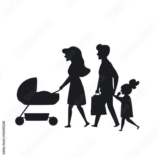 family with kids walking silhouette vector illustration isolated graphic