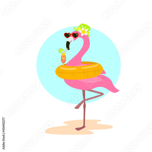 cute cartoon fun flamingo with swimming inflatable ring float on vacation drinking cocktail graphic