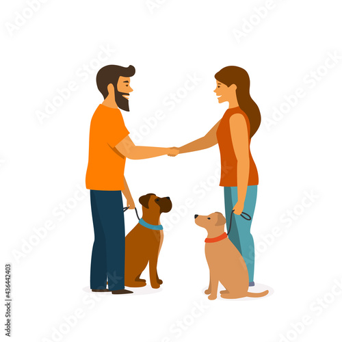 two dog owners training their pets to sit close behave when meeting greeting each other graphic