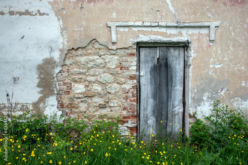 Fragment of the wall an old building with a boarded-up door. The plaster on the façade had peeled off, revealing stones and red bricks on the walls. Dripstone over the doorway. Green grass and yellow  photo