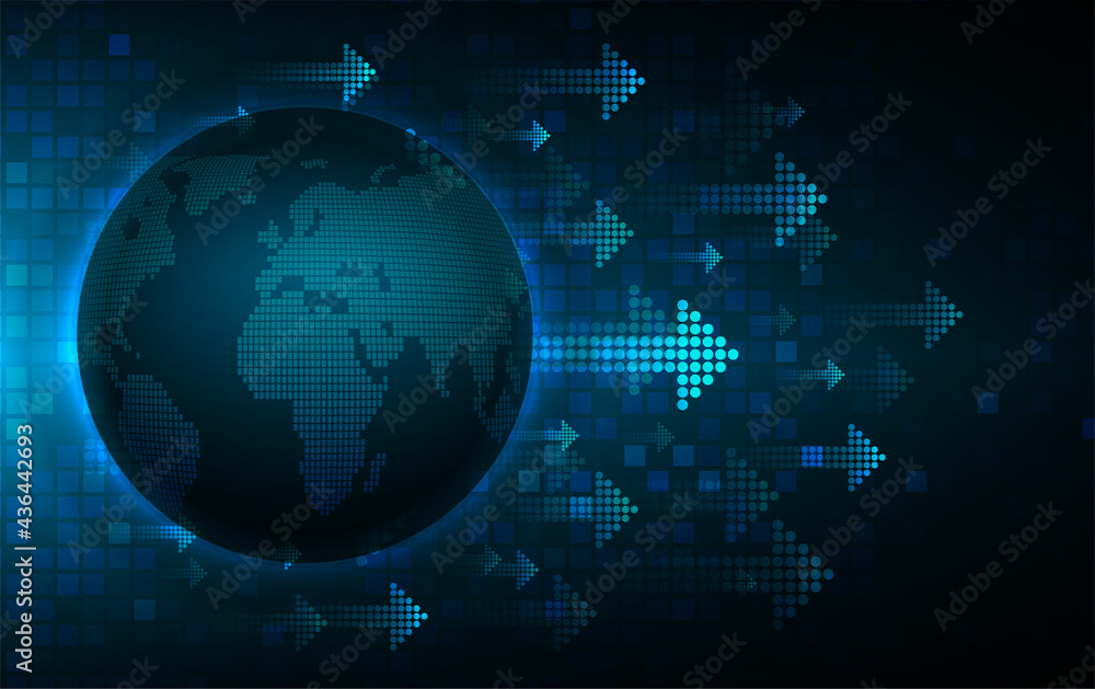 binary circuit board future technology, blue cyber security concept background. world map. binary circuit board future technology, blue cyber security concept background. world map.