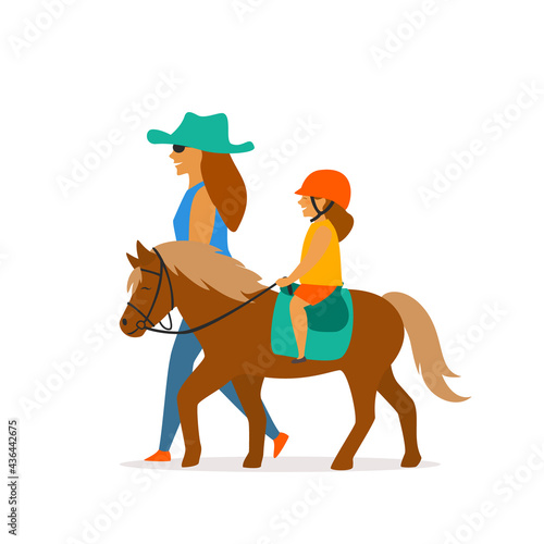 small girl riding pony vector graphic photo
