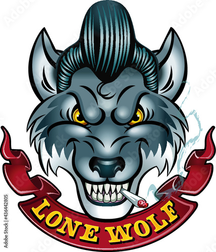 wolf head with 1950s hairstyle and banner lone wolf