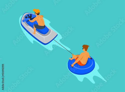 guys riding jetski and tube, beach summer activities graphic