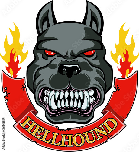dog, banner with text hell hound and flames