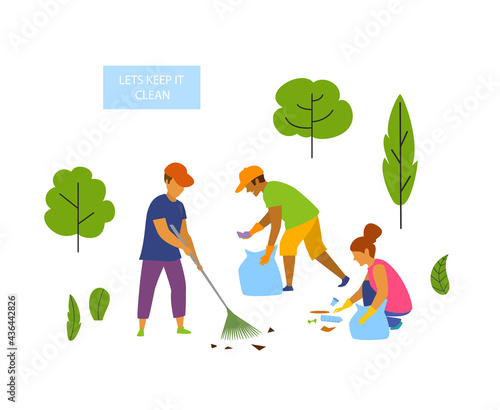 young people volunteers cleaning up the park isolated vector graphic scene