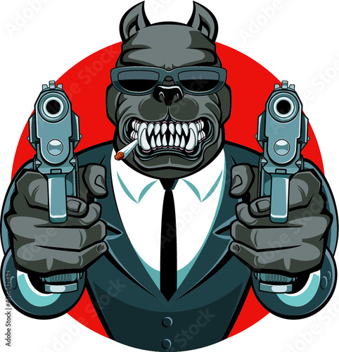 dog in suit aiming with guns