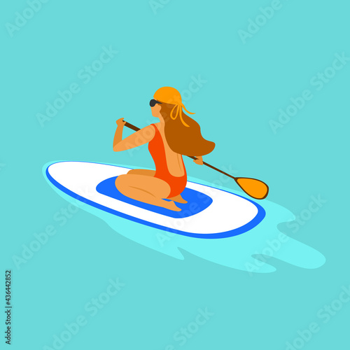 girl paddleboarding, sitting paddling on a board in the sea graphic