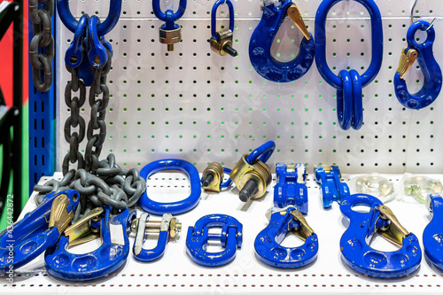 Photos various type of metal or steel lifting hook chain and accessories such as master