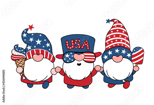 Cute Three America Gnomes 4th July Summer theme cartoon doodle vector illustration