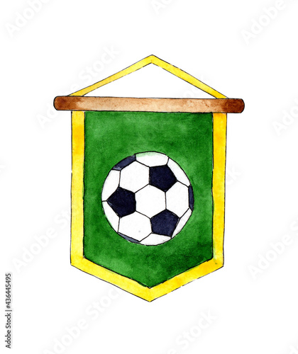 Watercolor illustration of a green soccer pennant with a ball on it. Banner, award, emblem. Football fan flag. Football club advertisement. Isolated on white background. Drawn by hand.