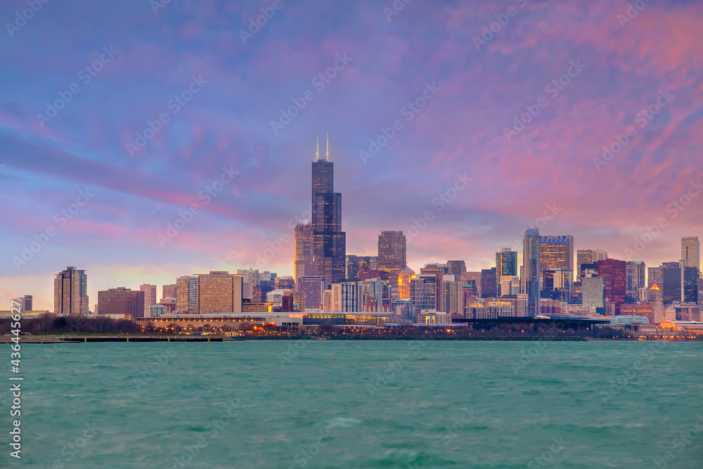 Downtown Chicago city skyline cityscape in United States