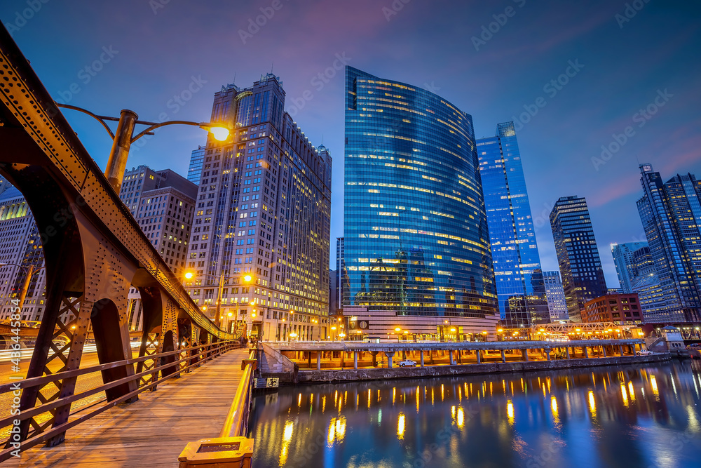 Downtown Chicago city skyline cityscape in United States