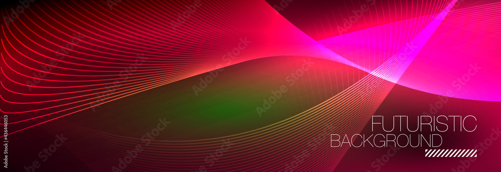 Abstract neon glowing light in the dark with waves. Shiny magic energy and motion concept, vector abstract wallpaper background Abstract neon glowing light in the dark with waves. Shiny magic energy and motion concept, vector abstract wallpaper background