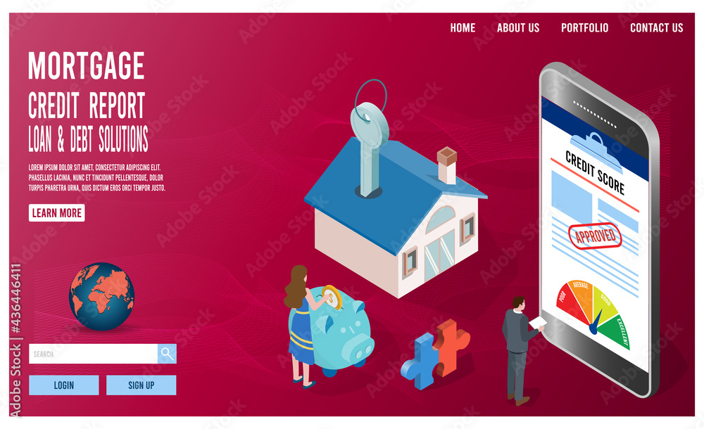 Mortgage loan regulation isometric landing page with house, key and credit score. .Personal bank credit for buying home concept. Flat Isometric Vector Illustration eps10.