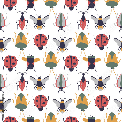 Ladybug, coccinella septempunctata, Cartoon seamless vector pattern Isolated on white background. Design use for background, fabric, paper and others.