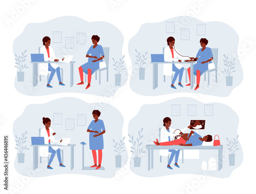 A set of illustrations with a pregnant African American woman visiting a doctor. The doctor conducts ultrasound examination, weighing, blood pressure measurement. Flat vector illustration.