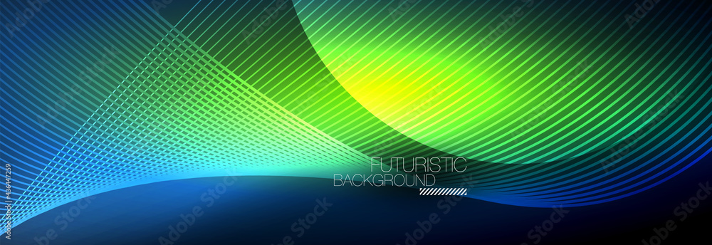 Abstract neon glowing light in the dark with waves. Shiny magic energy and motion concept, vector abstract wallpaper background Abstract neon glowing light in the dark with waves. Shiny magic energy and motion concept, vector abstract wallpaper background