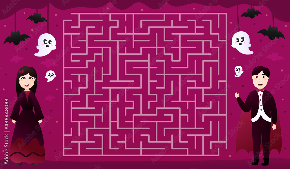 Halloween maze game for children books with cute cartoon vampire character, help dracula find right way to girlfriend Halloween maze game for children books with cute cartoon vampire character, help dracula find right way to girlfriend