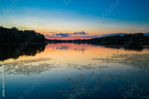 Sunset above the lake. Aeri...