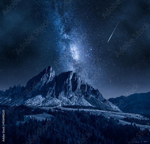 Milky way over Passo delle Erbe, Dolomites. Wildlife at night. photo