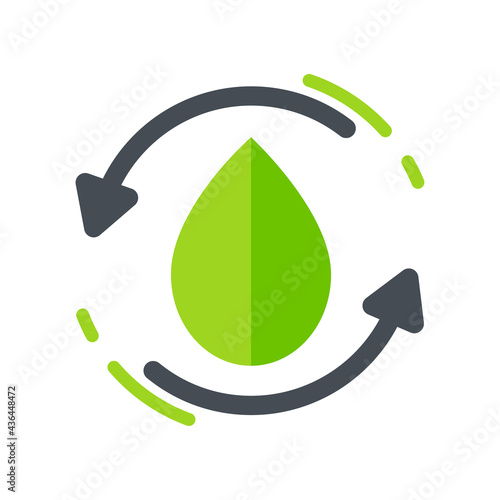 Water drop icon. Green water droplet with looped arrow. Waste water treatment concept for reuse