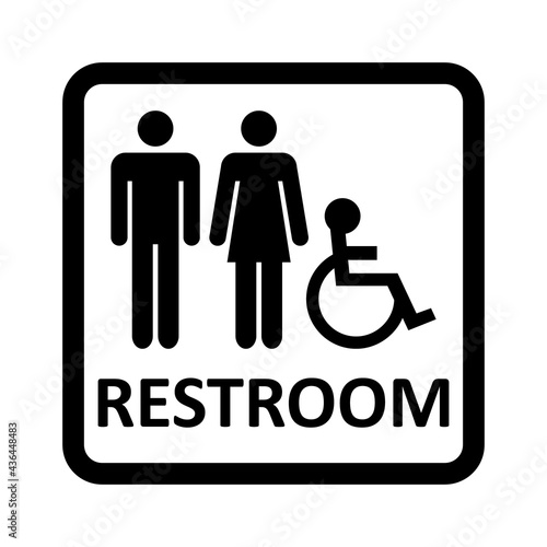 Restroom sign. WC for man, woman, people with disability. Vector illustration of toilet icon. Bathroom, lavatory symbol. Public washroom.