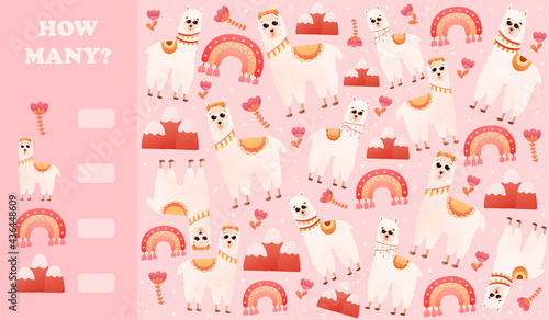 How many game for kids with alpacas, i spy riddle with llamas and mountains for printable worksheets or children books, search puzzle for preschoolers