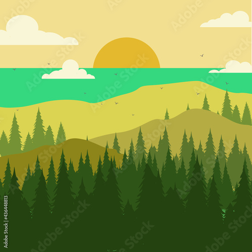 Silhouette Background Illustration of Tropical Forest and beach