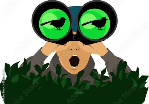 Excited birdwatcher observing a bird through a pair of binoculars, sitting in a hiding, EPS 8 vector illustration photo