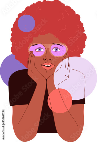 Retro-style vector portrait of an attractive black teenage girl in a pink vintage sunglasses, EPS 8, no transparencies, drawn from imagination, not a real person depicted