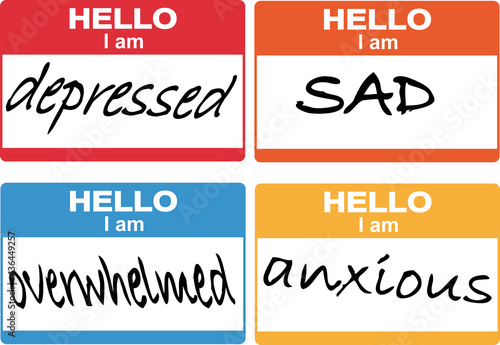 Stickers, labeling people as depressed, sad, anxious and overwhelmed, EPS 8 vector illustration